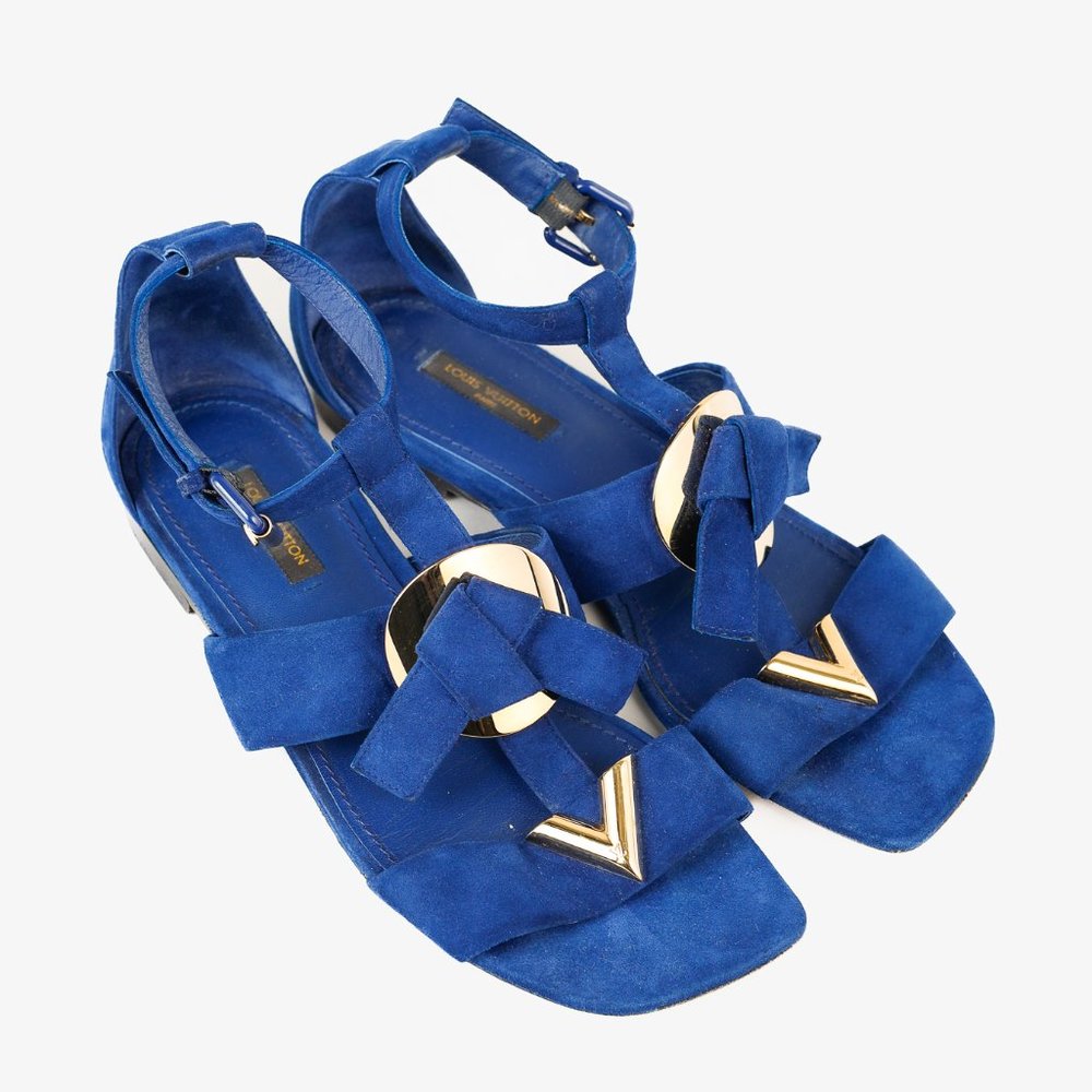 Louis Vuitton Gold-Medallion Blue Suede Knot Flat Sandals, Size 6.5